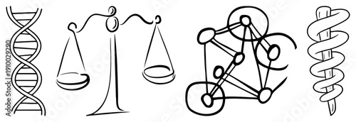 DNA double helix, justice scales, network graph, spiral rod minimalist vector, scientific and legal symbolism, clean style.