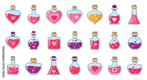 Collection of potion bottles in various shapes and colors, perfect for fantasy or magical themes