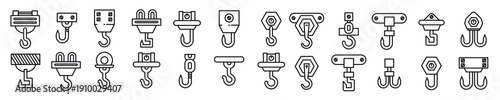 pulley and crane hook icons set 