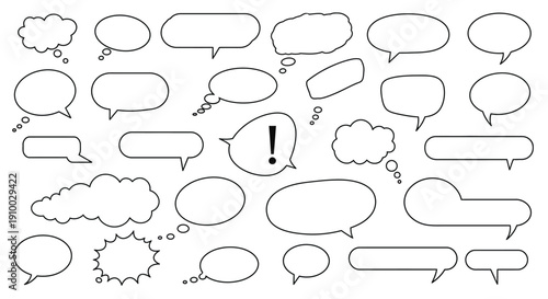 Collection of diverse speech and thought bubbles in various shapes and sizes, perfect for representing communication, ideas, and dialogue in graphic design