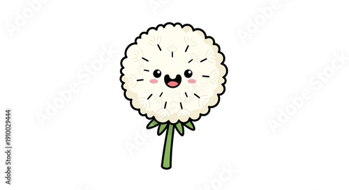 Charming and adorable cartoon dandelion puffball illustration with a sweet smiling kawaii face, ideal for children's designs, spring themes, and playful nature graphics