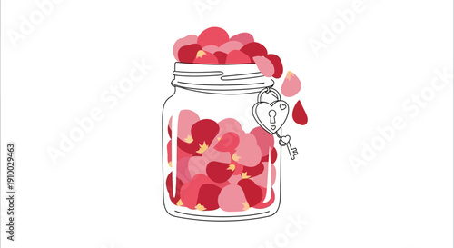 An elegant illustration of a glass jar brimming with red and pink rose petals, adorned with a heart-shaped padlock and key, symbolizing cherished love and enduring romance