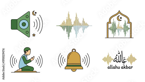 Vector Set of Islamic Prayer and Adhan Sound Icons Illustrating Mosque, Worship, and Spiritual Calligraphy Themes
