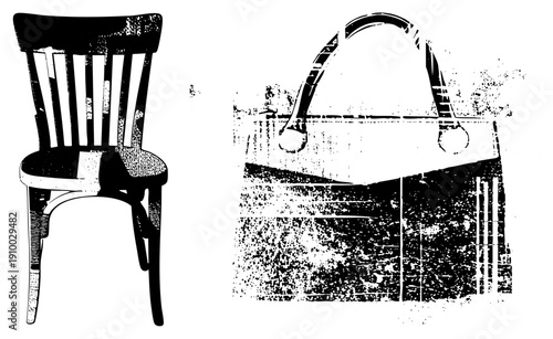 Retro wooden chair with slatted back and curved legs, paired with a structured handbag with top handle, rendered in gritty halftone style, ideal for graphic design or print.