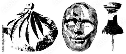 Stylized halftone portraits with angular features, abstract forms, graphic art, vector illustration, design, artistic expression, bold.