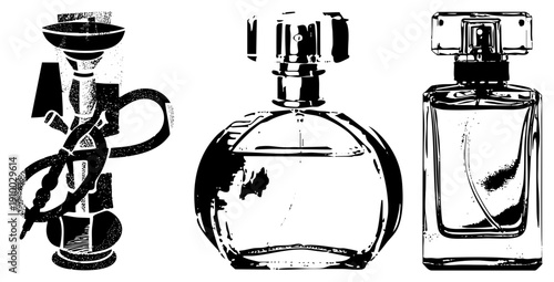 Classic hookah with curved hose, ornate glass perfume bottle, modern rectangular fragrance bottle, halftone vector illustration, isolated objects, artistic drawing.