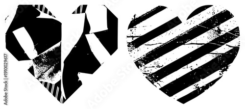 Two fragmented heart shapes, one shattered with jagged edges, one striped with diagonal, both featuring distressed textures, graphic design elements, emotional.