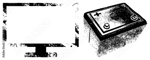Retro computer monitor with textured frame, car battery with terminals, halftone dot, vector graphic, isolated tech, digital and automotive symbols.