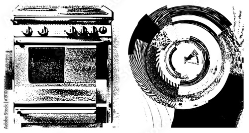 Retro kitchen appliance with knobs and oven door, paired with stylized concentric gear design, halftone texture, mechanical art, vector illustration.