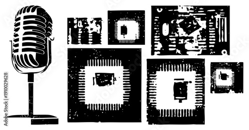 Retro microphone with grille and stand, alongside distressed circuit boards, vector illustration, tech nostalgia, black and white graphic, isolated elements, halftone texture.