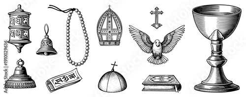 Set of sacred objects including prayer beads, bells, papal tiara,,, and holy book, used in Buddhist,, and other faith traditions.