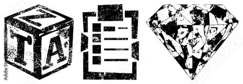 Graphic symbols featuring bold letters, abstract document, and faceted gemstone, all rendered in high contrast halftone with distressed texture. Vector for branding or UI design.