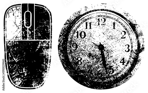 Retro computer mouse and analog clock with gritty halftone texture, digital age artifact, timepiece and input device, graphic, tech nostalgia, vintage computing.