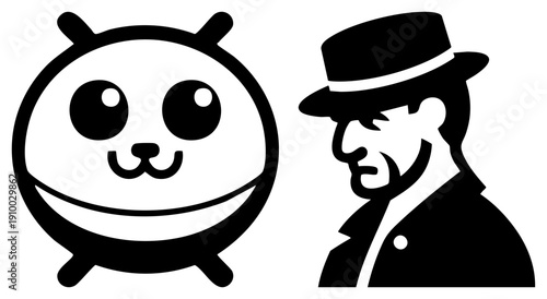 Two stylized black and white characters a round eyed hamster with a smile and a gentleman in a top hat and suit, both rendered as bold with no shading or texture.