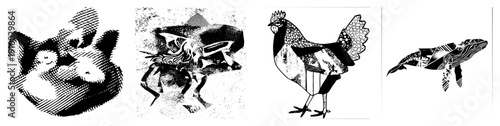 Stylized animal forms rendered in halftone dot, geometric shapes, black and white vector art, graphic design elements, isolated animal motifs.