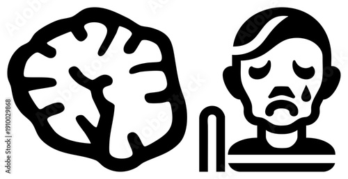 Simplified black showing brain and sad person, mental health symbol, psychological illustration, emotional well being, depression awareness, cognitive health.