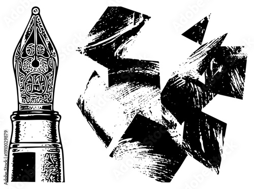 Intricate pen nib with filigree, vintage calligraphy tool, ink writing instrument, artistic vector graphic, black and white halftone style.