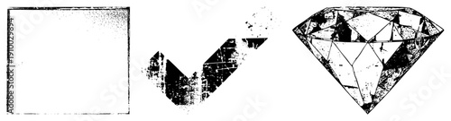 Distressed vector square border, checkmark, diamond facets all with gritty texture,, isolated graphic elements for UI or branding.