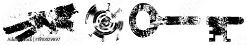 Stylized key shapes with grunge textures, distressed brush strokes, vector, isolated symbols, graphic design elements.