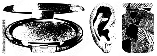 Black and white halftone graphic of cosmetic mirror, ear anatomy, and jar stylized vector art with dot texture, isolated elements for design use.