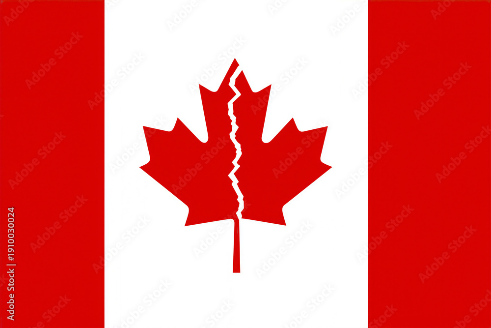 Fototapeta premium Red and white Canadian flag with a broken or cracked leaf on it