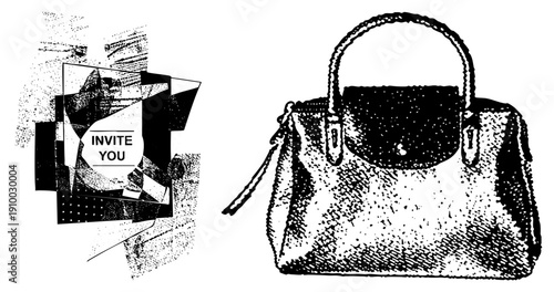 Classic structured handbag with textured, top handle, metal hardware, halftone shading, fashion accessory, isolated graphic.