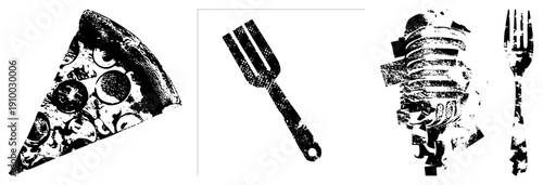 Vector pizza slice with pepperoni and cheese, fork utensil, halftone texture, food graphic, isolated elements, culinary design.