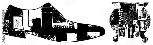 Stylized shoe graphic with halftone textures, fragmented geometric, vector art, black and white design, isolated footwear illustration.
