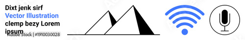 Communication technology, broadcasting, audio recording, travel , signal processing, iconography. Geometric mountain shapes, a wireless signal symbol and a microphone icon. Communication