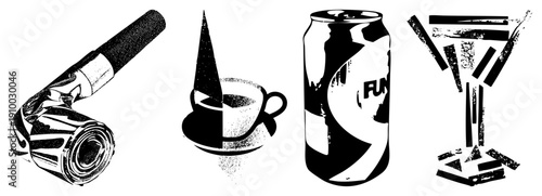 Retro bar tools and beverage containers rendered in halftone, including cocktail shaker, espresso cup, soda can, and martini glass, stylized with bold black and white graphics.