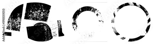 Fragmented vector forms with gritty texture, isolated graphic elements, stylized shapes, design, digital art composition.