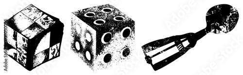 Cubic forms with perforated and a stylized spoon like tool, rendered in high contrast halftone, distressed vector art, graphic design elements.