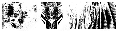Black and white vector art featuring mirrored geometric, halftone shading, glitch effects, and digital distortion. Abstract composition with sharp angles and fragmented forms.