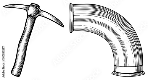 Hand drawn pickaxe tool and curved pipe, mining equipment, industrial sketch, black and white art, technical drawing, construction tools, engineering illustration.