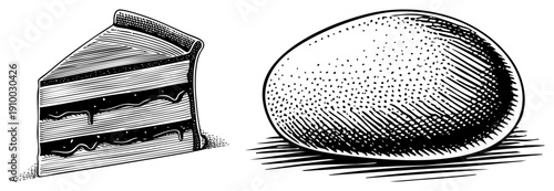 Dessert slice with frosting layers, halftone shading, egg with stippling, vintage engraving style, food illustration, bakery graphic.
