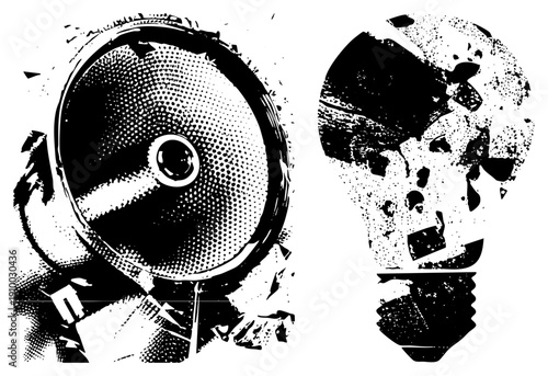 Shattered megaphone and broken lightbulb rendered in high contrast halftone, symbolizing failed communication or broken ideas, graphic design elements.