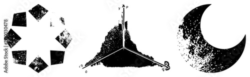 Abstract vector composition of textured polygons, moon, and 3D coordinate system, isolated graphic elements for design use.