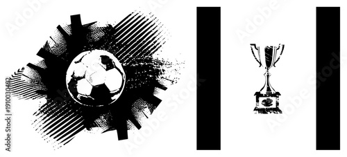 Football with halftone burst, championship trophy, sports victory symbols, black and white vector art, athletic achievement motifs.