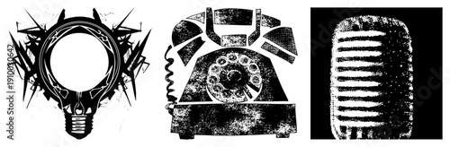 Retro rotary phone, stylized lightbulb with jagged rays, vintage microphone with slats, all rendered in gritty halftone style, isolated vector graphics.