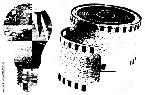 Retro film strip and incandescent bulb rendered in halftone style, graphic design elements, vector illustration, creative composition, artistic texture.