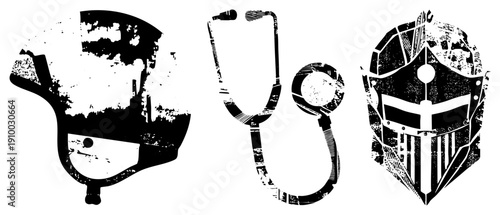 Three distressed black vector stethoscope, firefighter helmet, knight helmet isolated on transparent background, ideal for UI, branding, or design.