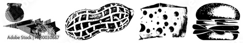 Peanut, cheese wedge, burger, and jar depicted as stylized vector with halftone texture, food graphic design, isolated food symbols, black and white illustration.