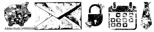 Vector piggy bank, envelope, padlock, calendar, tie fragmented halftone,, for finance, comms, security, scheduling, professionalism.