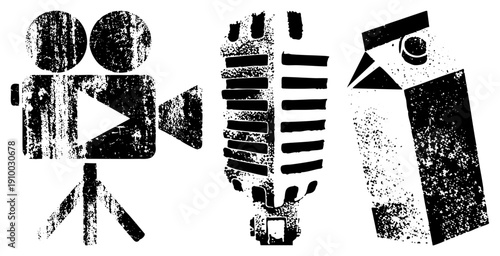 Retro symbols film camera on, classic microphone, spray can, all with gritty halftone texture, isolated vector for creative projects.