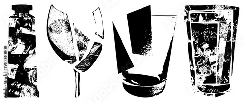 Shattered glass bottle, wine glass, tumbler, and ice filled glass depicted in bold black and white vector art, halftone texture, isolated cutout style.