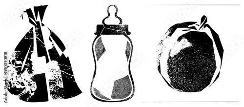 Graphic of baby bottle, plastic bag, and fruit rendered in halftone style, vector art, black and white, isolated objects, glyph design, minimalist shapes.
