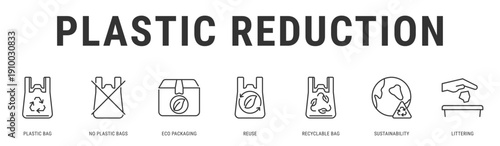 Plastic Reduction web banner icon vector illustration featuring Plastic Bag, No Plastic Bags, Eco Packaging, Reuse, Recyclable Bag and Sustainability