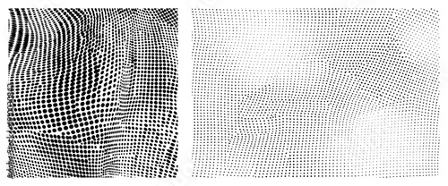 Optical illusion created by rhythmic dot density gradients, visual distortion, graphic texture, wave design, vector halftone art, geometric.