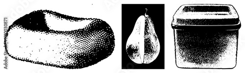 Vector halftone art of avocado, pear, and container, dot, food illustration, isolated objects, stylized produce.