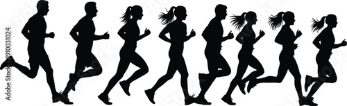 Large collection of male and female runner silhouettes featuring men and women in various jogging and sprinting poses isolated on white 